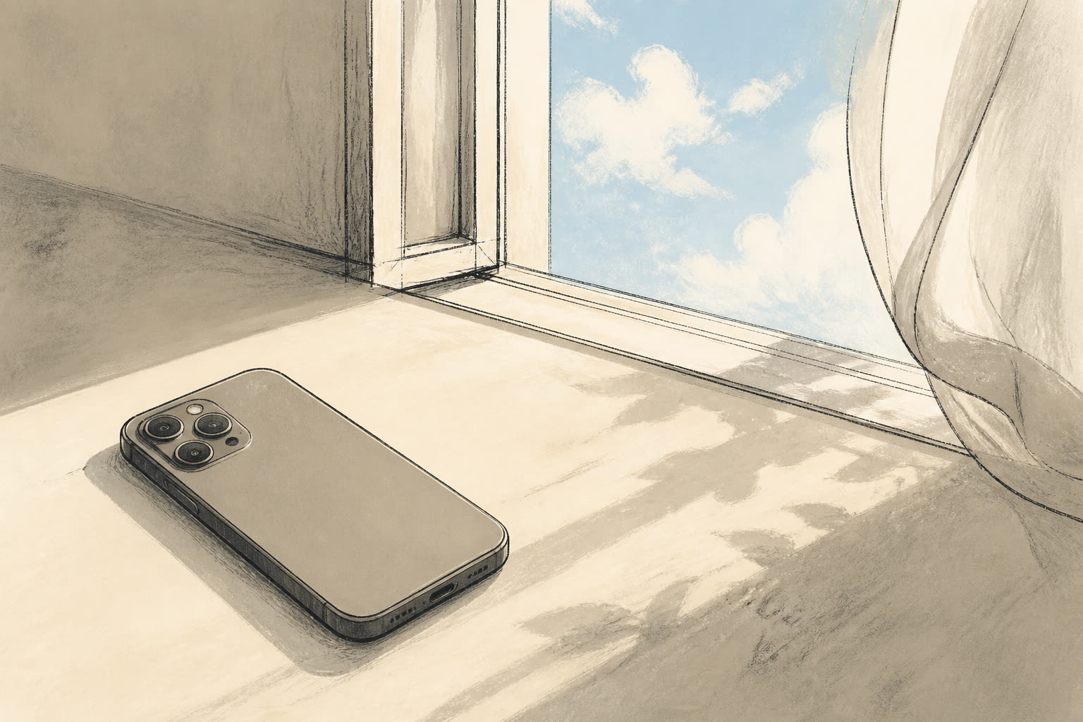 A phone feed unspooling while a single clear sentence sits beside it