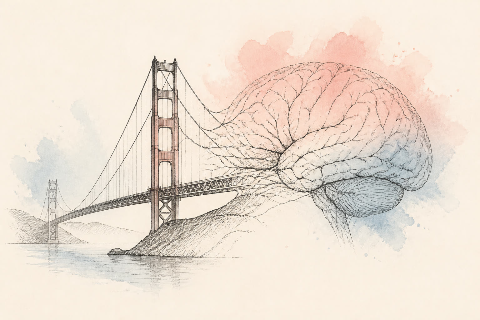 Golden Gate Bridge cables merging into a brain — The NeuroBridge Project